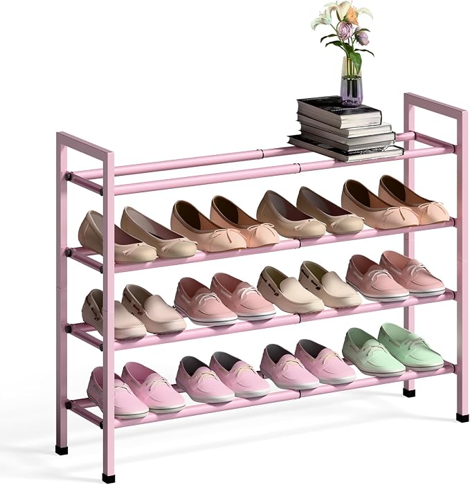 Bumusty 4-Tier Expandable Shoe Rack for Closet, 18“-33” Adjustable Shoe Rack for Small Space, Small Shoe Organizer for Front Door, Sturdy Metal, Pink by BUMUSTY