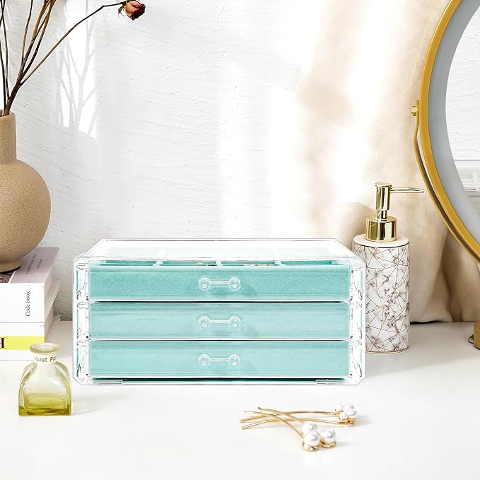 ProCase Earring Holder Organizer Jewelry Box with 3 Drawers, Acrylic Clear Earring Case with Adjustable Velvet Trays for Women - Aqua, 3 Layers - Image 6