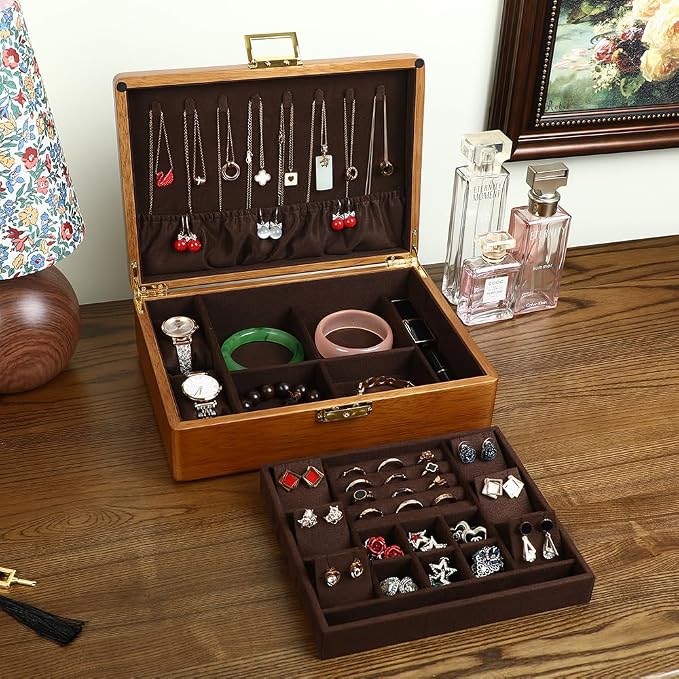 Solid Walnut Wood Jewelry Box with Lock, 2-Layer Vintage Jewelry Organizer for Men Women, Velvet-Lined Storage Chest with Key Lock (Brown)​ - Image 6