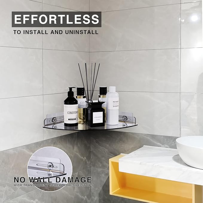 Bakzon Acrylic Corner Shelves, 2 Pack Adhesive Shower Caddy Organizer for Tile Walls, Wall Mounted Clear Bathroom Shelves for Inside Shower & Kitchen Storage - Image 3