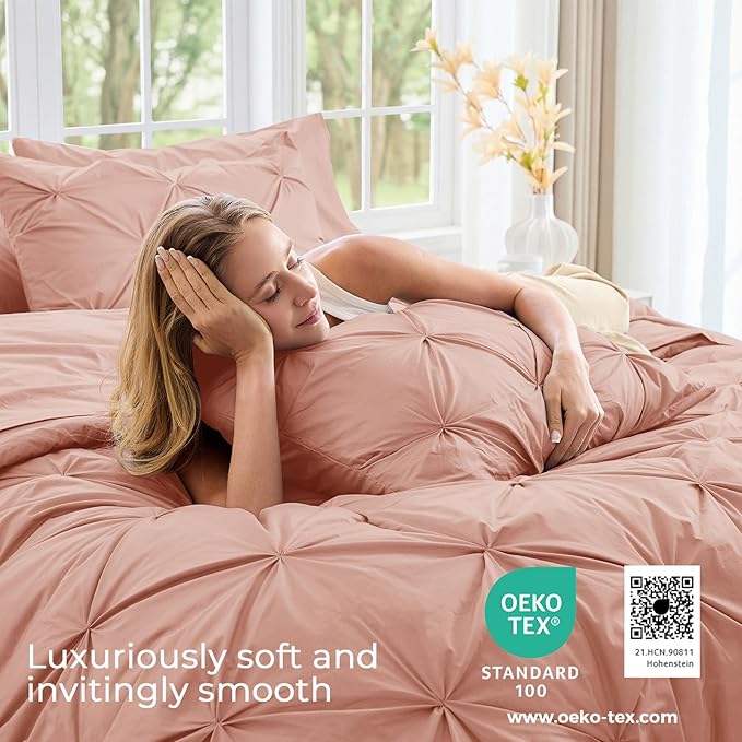 Sasttie Queen Comforter Set, 7-Piece Bed in a Bag, Pintuck Bedding Sets for All Season, Includes Comforter, Flat Sheet, Fitted Sheet, Pillowcases and Pillowshams, Blush