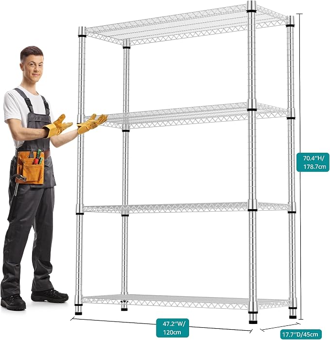 M MZG 4 Tiers Shelf Metal Storage Shelves 2640 lbs Steel Storage Shelving Utility Shelving Unit Steel Organizer Wire Rack for Home,Kitchen,Office,Garage Chrome 17.7" D x 47.2" W x 70.3" H - Image 3