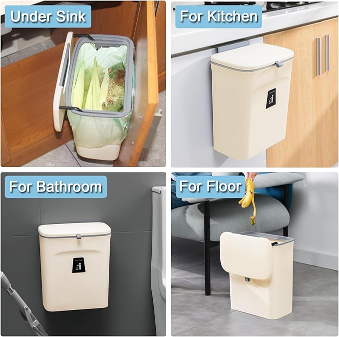 Tiyafuro 2.4 Gallon Kitchen Compost Bin for Counter Top or Under Sink, Hanging Small Trash Can with Lid for Cupboard/Bathroom/Bedroom/Office/Camping, Mountable Indoor Compost Bucket, Beige - Image 6