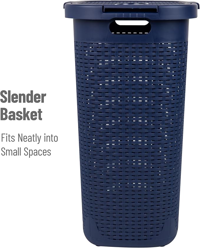 Mind Reader Slim Laundry Hamper with Lid, 60L Tall Clothes Basket, Narrow Tapered Design for Bathrooms, Closets and Laundry Rooms, Plastic, Navy - Image 6