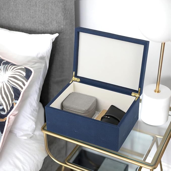 HofferRuffer Faux Leather Decorative Box, Large Wooden Structure Keepsake Box Accessory Organizer Jewelry Organizer with Hinged Lid, Storage Container for Home or Office (NavyBlue Shagreen) - Image 5