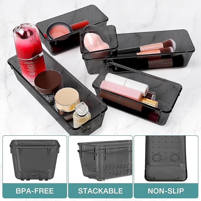 StorMiracle 13 PCS Drawer Organizer Set, 5 Varied Size Bathroom and kitchen Drawer cabinet organizer Trays, Clear Storage Bins for Makeup, Jewelry, Utensils and Gadgets, Black - Image 3