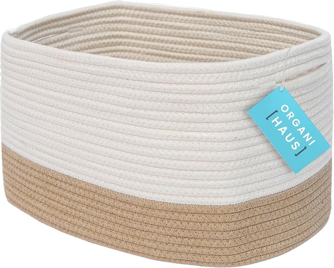 OrganiHaus Cotton Rope Basket for Shelf - Woven Storage Basket for Organizing, Closet & Toy Storage - Honey/Off-White - 15x9x10 by OrganiHaus