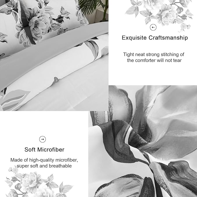 Drucon Grey Floral Comforter Set King 7 Pieces Bed in a Bag Botanical Floral Comforter Soft Microfiber Grey Bedding Set King Size Bed with Sheet and Pillowcase