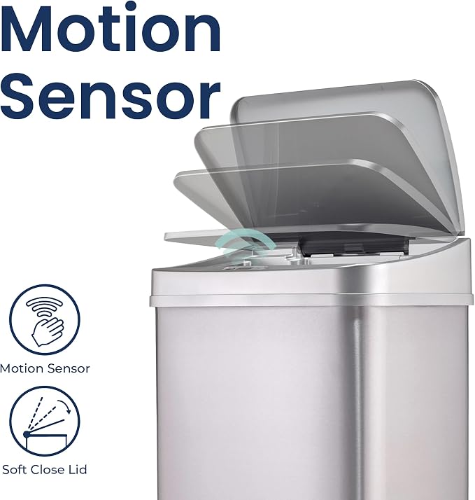 Ninestars 13 Gallon Automatic Trash Can, 50L Touchless Motion Sensor Garbage Can with Odor-Sealing Lid, Rectangular Stainless Steel, Silver Trim - Image 2