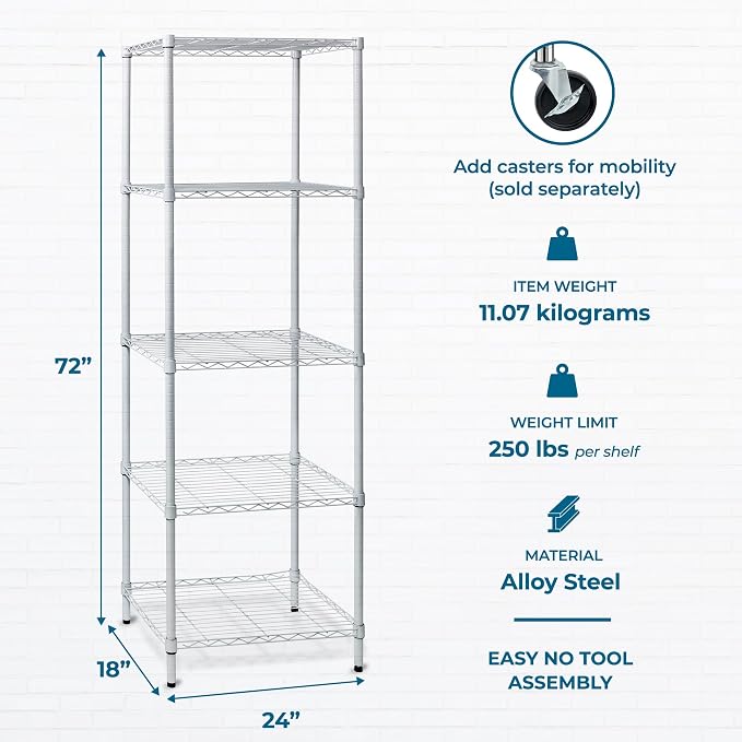 Honey-Can-Do 5-Tier Heavy Duty Adjustable Shelving Unit, 250-lb Per Shelf NSF Certified Metal Storage Rack, White Wire Shelf for Laundry Kitchen Pantry, 24 x 18 x 72 in - Image 3