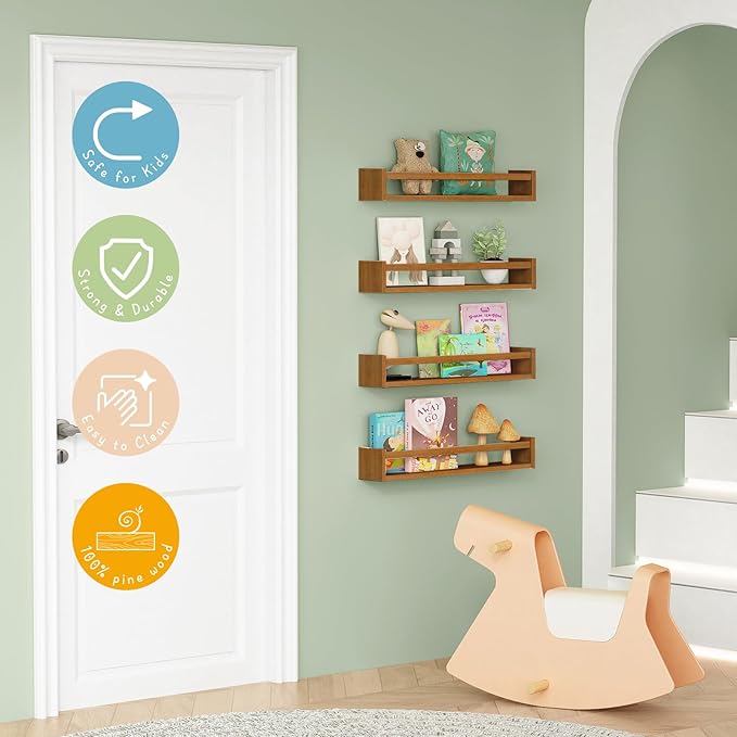Forbena 24 Inch Wooden Floating Nursery Book Shelves for Wall, Walnut Nursery Bookshelf Wall Mounted for Kids Bedroom, Large Kids Floating Bookshelves for ChildToys Classroom Books Decor (Dark Brown) - Image 3