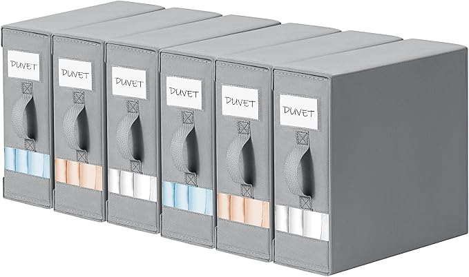 DIMJ Bed Sheet Organizers and Storage 6 Pack - Foldable Sheet Holder, Linen Closet Organizer Box for Sheets Set, Bedding, Blankets, Towel (King & Queen Size), Grey by DiMJ