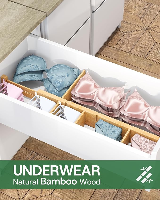 kiplant Bamboo Drawer Dividers - Adjustable Drawer Dividers for Clothes, Kitchen, Closet & Office - 8 Pack with Inserts, 18-22.6 Inches, Non-Slip Silicone Ends - Image 7
