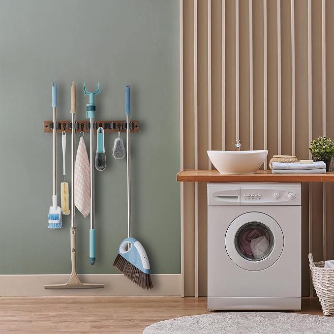 OUTNILI Mop and Broom Holder Wall Mount - Wood Broom Mop Hanger - Wall Mounted Garden Tool Rack Organizer for Closet Garage Laundry Room for Rustic Kitchen Decor With 5 Slots & 4 Hooks - Image 2