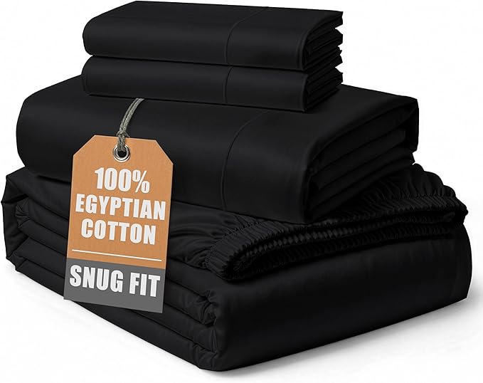 LANE LINEN 100% Egyptian Cotton Cal King Sheets, Long Staple Mercerized Cotton No Pill Fade Resistant Silky Sateen Weave for Soft & Comfy Good Night Sleep, Deep Pocket Fits 15" Mattress - Black
