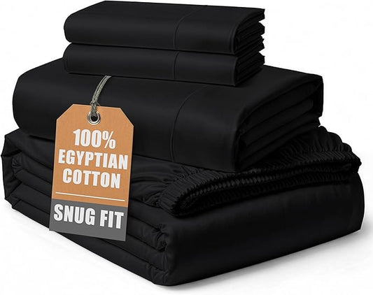 100% Egyptian Cotton Sheets Queen Size Bed Set – Naturally Cooling & Breathable Sateen Queen Sheets Set, Authentic Long-Staple Cotton for Lasting Softness, Snug Fit 15" Deep Pocket Fitted - Black