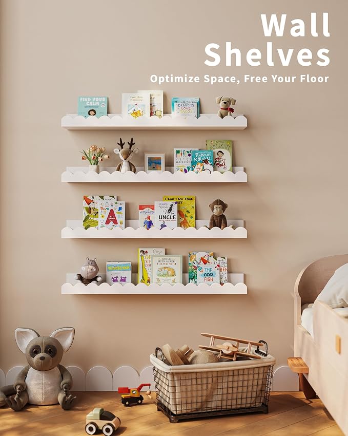 Shario Nursery Book Shelves, 4-Pack White Floating Shelves for Wall Kids, Scalloped Shelves, Wall Book Shelves for Bedroom Kids, Toddler Room, Baby Room, Nursery Decor - Image 4