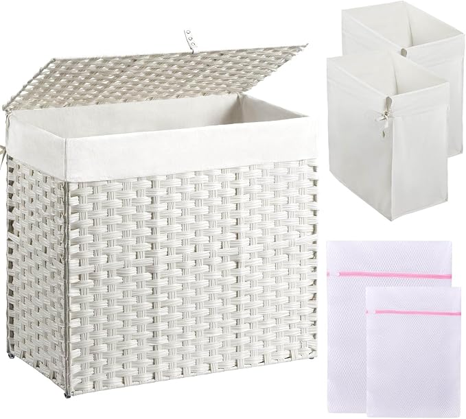Greenstell Laundry Hamper with Lid, 125L Laundry Basket with 2 Removable Liner Bags & 2 Mesh Bags, Handwoven Synthetic Rattan Clothes Hamper for Clothes, Toys in Bathroom, Bedroom, Foldable, White by Greenstell