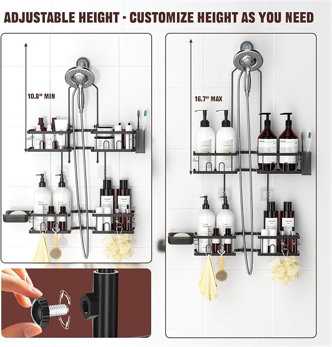 REINHARDT Adjustable Shower Caddy Hanging Rustproof Shower Caddy for Handheld Showerheads, Shower Organizer with Hooks Soap Holder Toothbrush Holder, Anti-Swing Shower Rack Bathroom Accessories, Black - Image 2