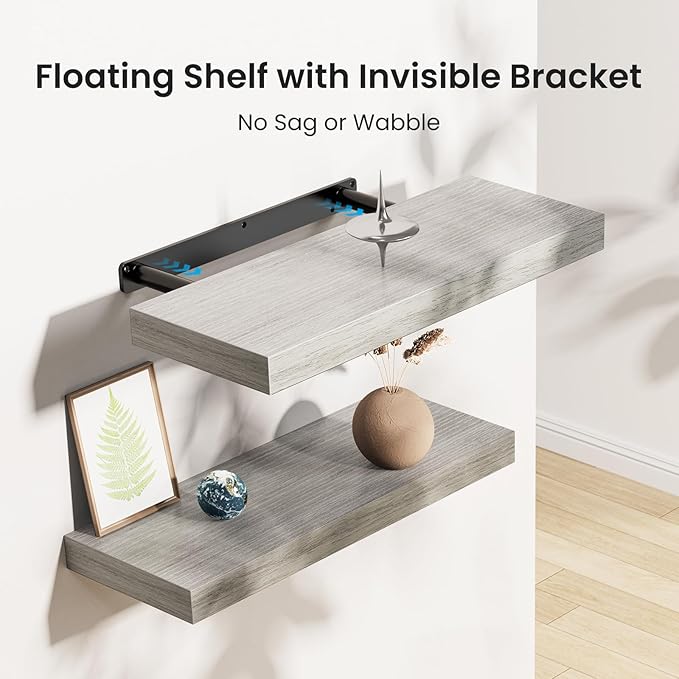 AMADA HOMEFURNISHING Floating Shelves, Wall Shelves for Bathroom/Living Room/Bedroom/Kitchen Decor, Grey Shelves with Invisible Brackets Set of 3 - AMFS07G - Image 4
