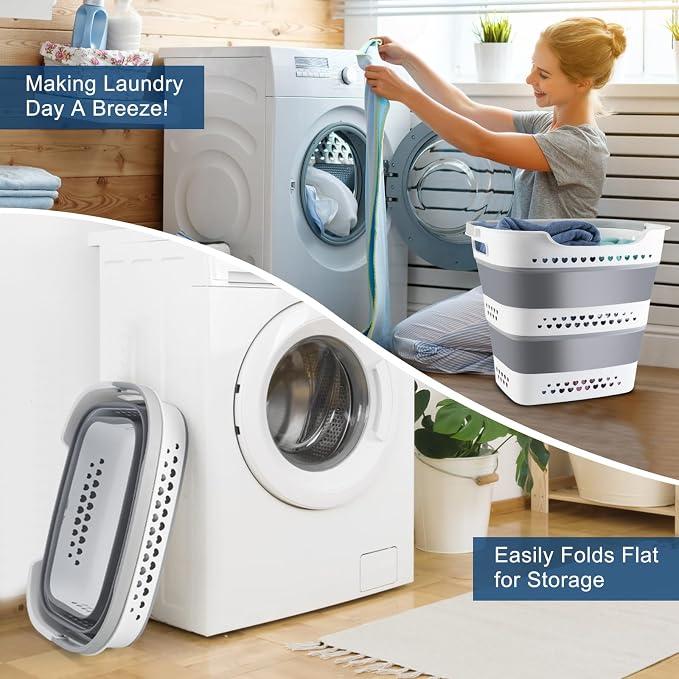 Collapsible Laundry Baskets Foldable Pop Up Laundry Hamper Plastic with Comfort Handles Folding Laundry Basket Space Saving Portable Dirty Clothes Hamper Storage Container/Organizer (Grey, 2 Packs) - Image 2