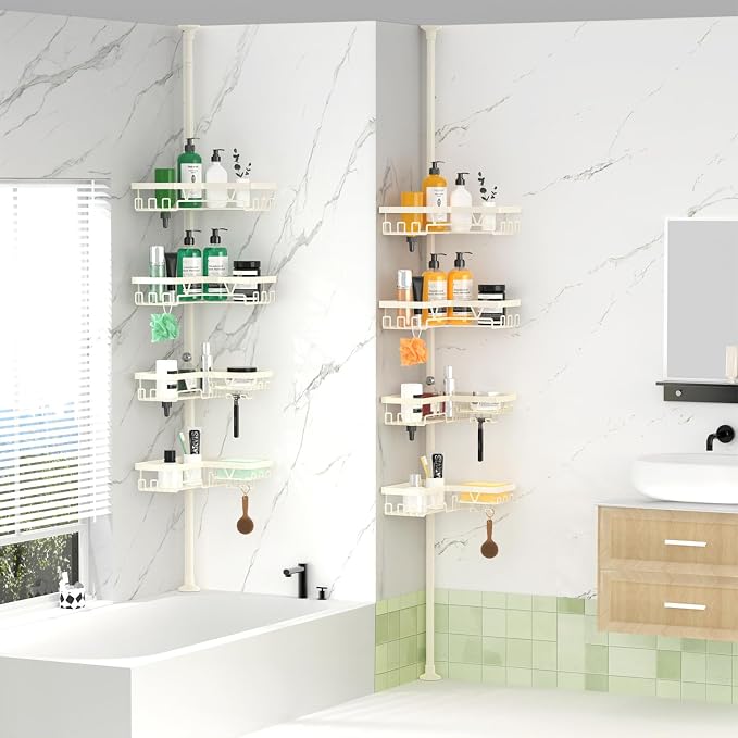 DAOYA Corner Shower Caddy Tension Pole, 4-Tier Adjustable Corner Shower Caddy with Soap Dish & Razor Holder, Stainless Steel Tension Pole Shelf Fits Bathtub & Floor 25-114.2 inches(Off-white) - Image 7