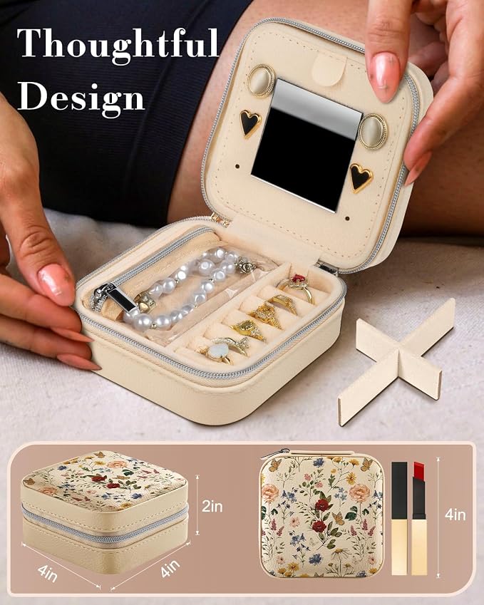 Bistup Travel Jewelry Case - Small Jewelry Organizers and Storage Box for Women Girls Teens Cute Traveling Jewelry Holder with Mirror Little Tiny Compact Flower Floral Modern Unique Aesthetic Pretty - Image 2