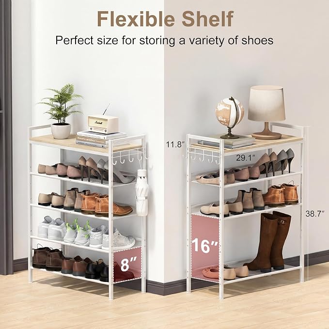 Refrze Shoe Rack for Front Door Entrance, 5 Tier Height-Adjustable Metal Shoe Rack, Sturdy Wooden Top and Tiltable Steel Frame Heavy Duty Shoe Organizer for Bathroom,Bedroom,Kitchen，Include Hook - Image 2