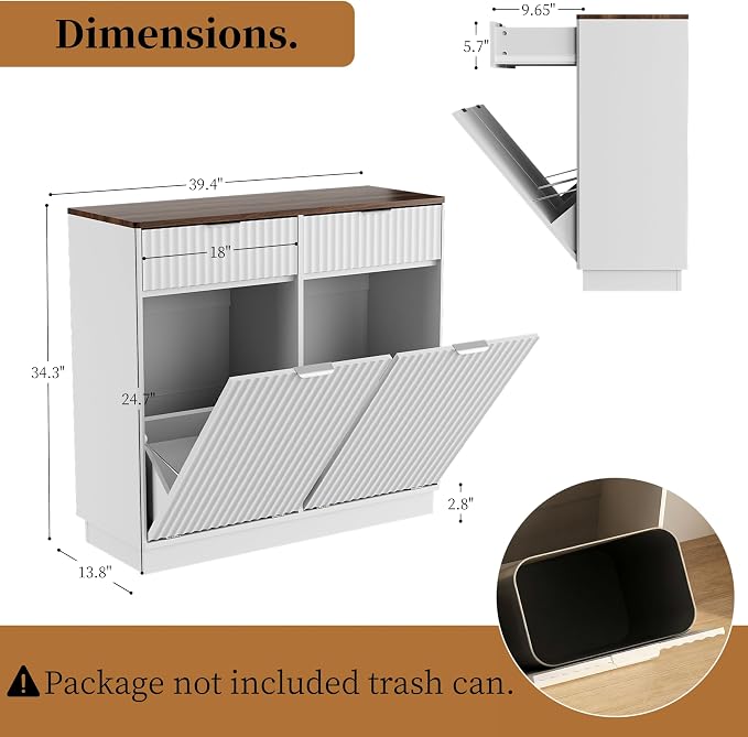 Double Tilt-Out Trash Cabinet, Laundry Hamper Cabinet with 2 Drawers, 39.4W x 34.3H x 13.8D inches, Walnut+White, Wave-Textured Front. - Image 3