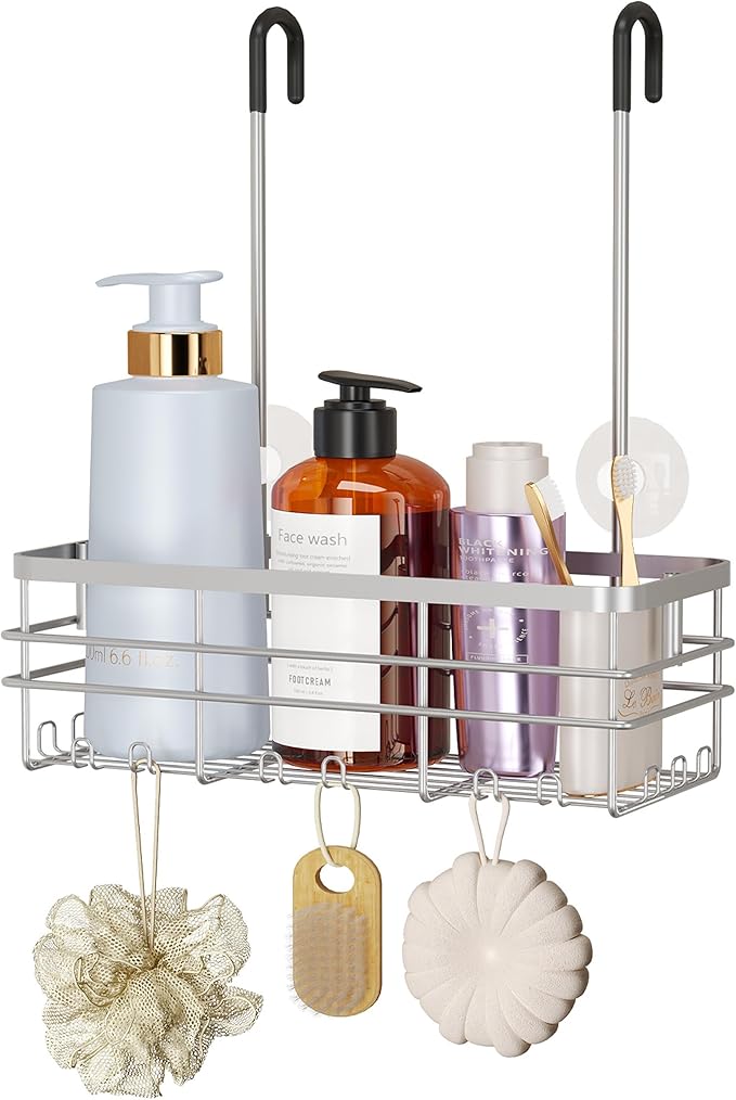 HapiRm Hanging Shower Caddy Organizer - No Drilling Shower Organizer with Hooks, Rustproof & Waterproof 304 Stainless Steel Bathroom Shelves - Silver (1 Basket) by HapiRm