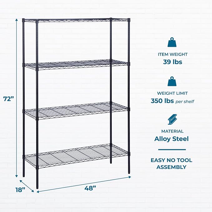 Honey-Can-Do 4-Tier Heavy Duty Extra-Wide Adjustable Shelving Unit, 350-lb Per Shelf Metal Storage Rack, Wire Shelf for Garage Workshop Basement, Black, 48 x 18 x 72 in - Image 3