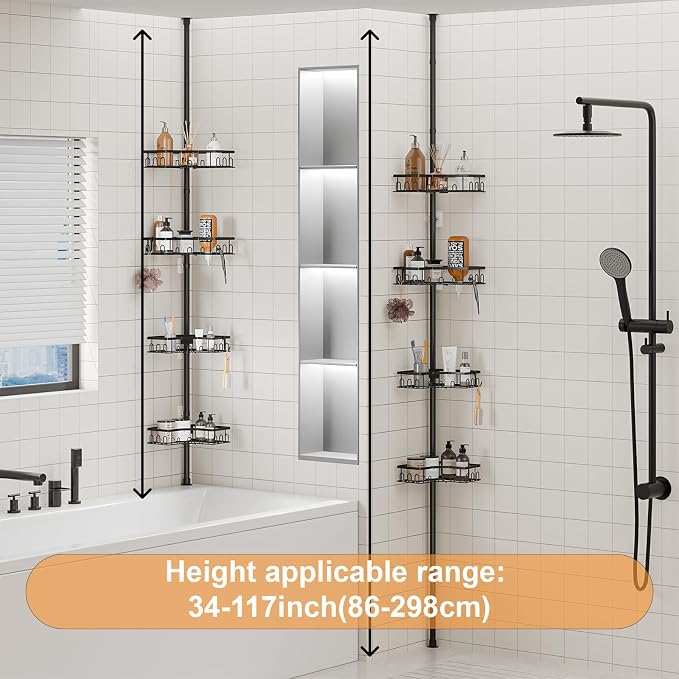 Corner Shower Caddy Tension Pole - 4-Tier Shower Corner Shelf for Bathtub Bathroom Shower Organizer - Adjustable 34in-120in, Space Saving Bathtub Accessory Shelves, Black - Image 5