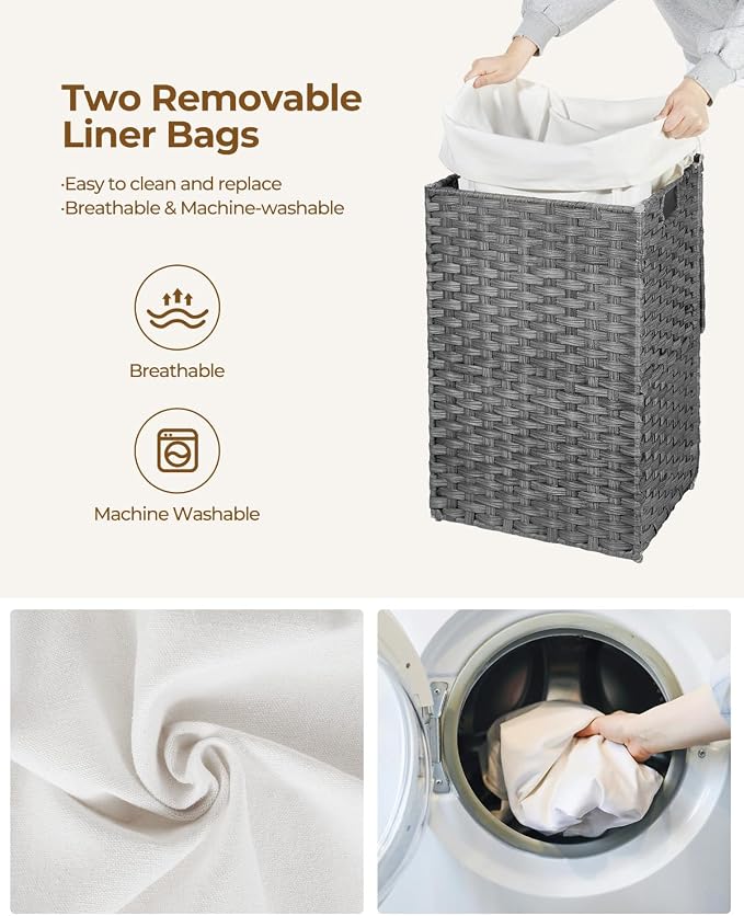 Greenstell Laundry Hamper with Lid, 60L Clothes Hamper with 2 Removable Liner Bags & 2 Mesh Laundry Bags, Handwoven Synthetic Rattan Laundry Basket for Clothes, Toys in Bathroom, Bedroom Grey - Image 4