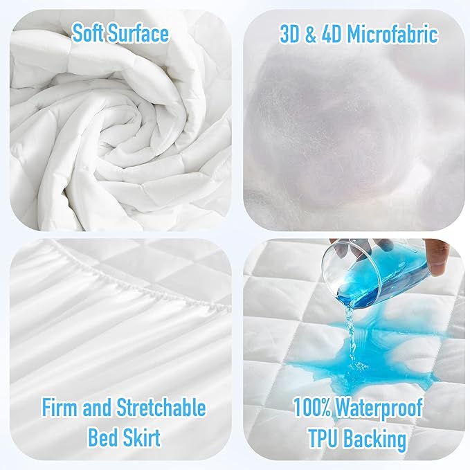 HYLEORY Twin Size Waterproof Mattress Pad Protector, Breathable Quilted Mattress Cover Noiseless Waterproof Fitted Sheet Mattress Topper Upto 21" Deep Pocket, White