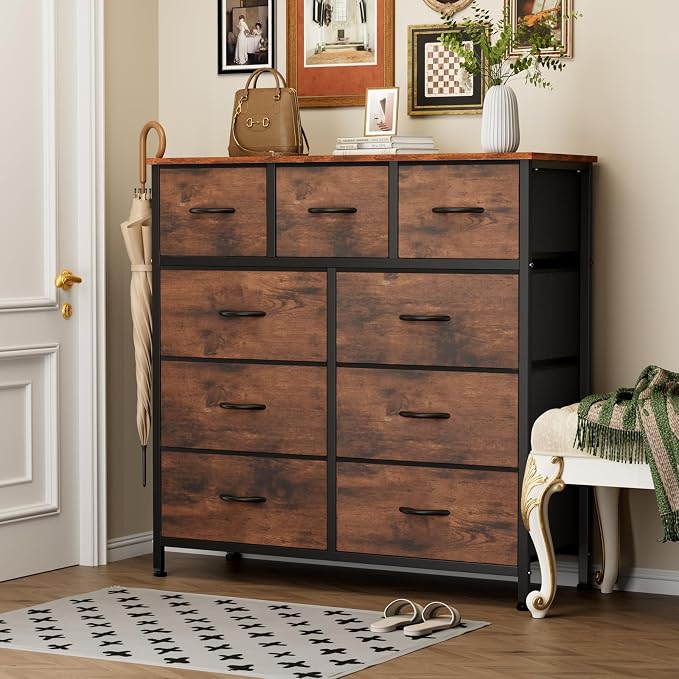 Sweetcrispy 9-Drawer Fabric Dresser Storage Tower with Wood Top and Steel Frame, Organizer Chest with Easy Pull Handles for Bedroom, Closet, Hallway,Distressed Brown - Image 2