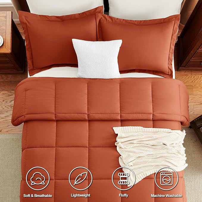 CozyLux Queen Size Comforter Sets Terracotta - 3 Pieces Burnt Orange Box Stitched Queen Bed Set for All Seasons, Soft Lightweight Bedding Sets with 1 Down Alternative Comforter and 2 Pillow Shams
