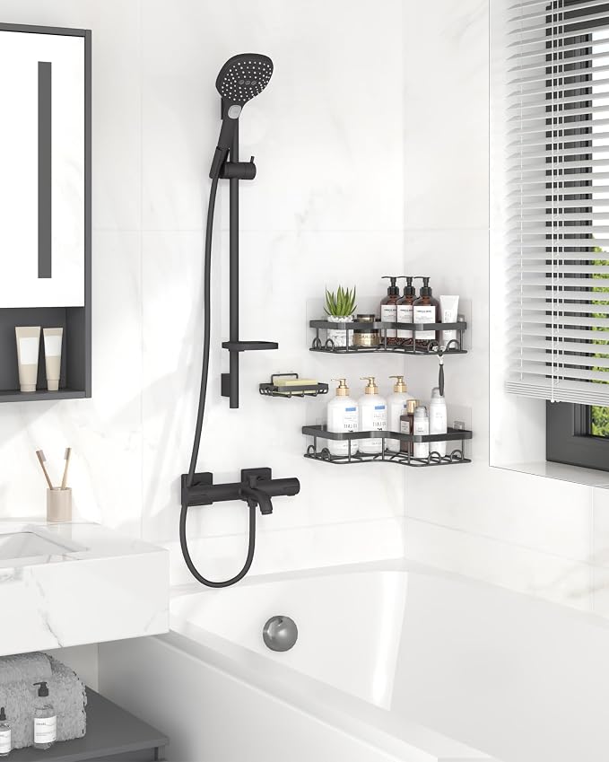 Sakugi Corner Shower Caddy - 3-Pack Shower Organizer with Soap Holder & Built-In Hooks, Rustproof Metal Shower Shelves, Laundry, Kitchen, Bathroom Organizers and Storage Solution, Large, Black - Image 8