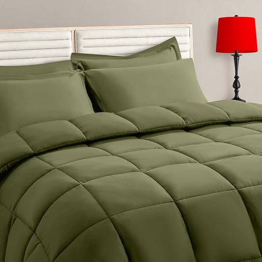 TAIMIT Olive Green Twin Size Comforter Set - 5 Pieces, Bed in a Bag Bedding Sets with All Season Soft Quilted Warm Fluffy Reversible Comforter,Flat Sheet,Fitted Sheet,1 Pillow Shams,1 Pillowcases
