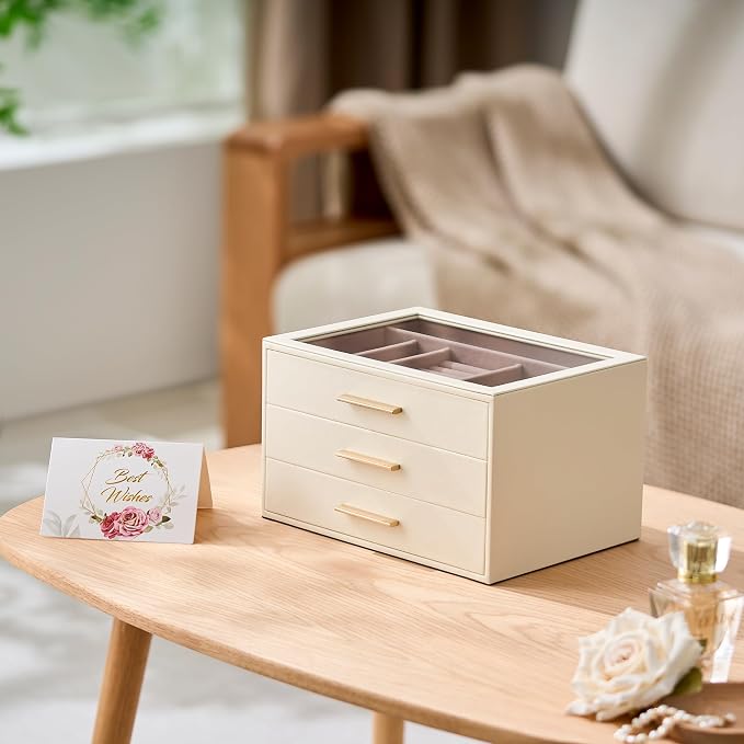 pickpiff Jewelry Box Organizer Case for Women: 3-Layer Jewelry Storage Case with Glass Window, Ivory Leather with Pink Velvet, Holder for Ring Necklace Bracelet Brooch Watch, Great Gift for Her - Image 7