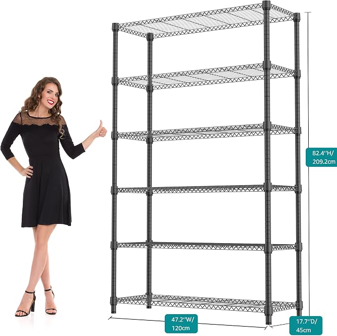 M MZG 2100LBS 47.2" W 6 Tiers Shelf Storage Shelves Metal Shelving Unit Heavy Duty Garage Shelving Adjustable Wire Shelves for Pantry,Kitchen,Garage,Basement,Black 17.7" D x 47.2" W x 82.4" H - Image 3