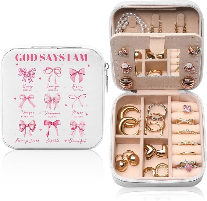 GAOLZIUY Christian Gifts for Women Girls, Pink Bow Travel Jewelry Box, Coquette Preppy Bible God Portable Jewelry Organizer Case, Inspirational Religious Spiritual Catholic Faith Prayer Gifts by GAOLZIUY