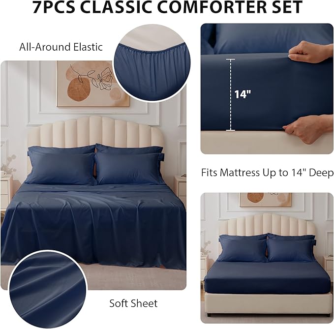 Full Comforter Set Navy - Bed in a Bag Full Size 7 Pieces, Soft Bedding Set for All Seasons, Premium Comforter Set with Comforter, Sheets, Pillowcases & Shams