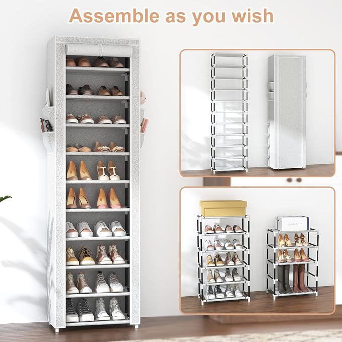 VTRIN Vertical Narrow Shoe Rack Organizer Tall Shoe Rack for Closet Entryway 10 Tier Non-Woven Cover Shoe Shelf Holds 20-22 Pairs Free Standing Shoe Storage Cabinet with Dustproof Cover, Multi Color - Image 5