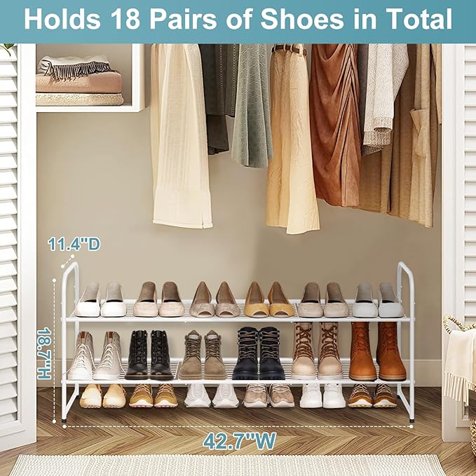 AOODA Long 2 Tier Shoe Rack for Closet Metal Wide Stackable Shoe Storage Organizer for Entryway, Bedroom, Floor, 18-Pairs Low Sneaker Shelf, White - Image 3
