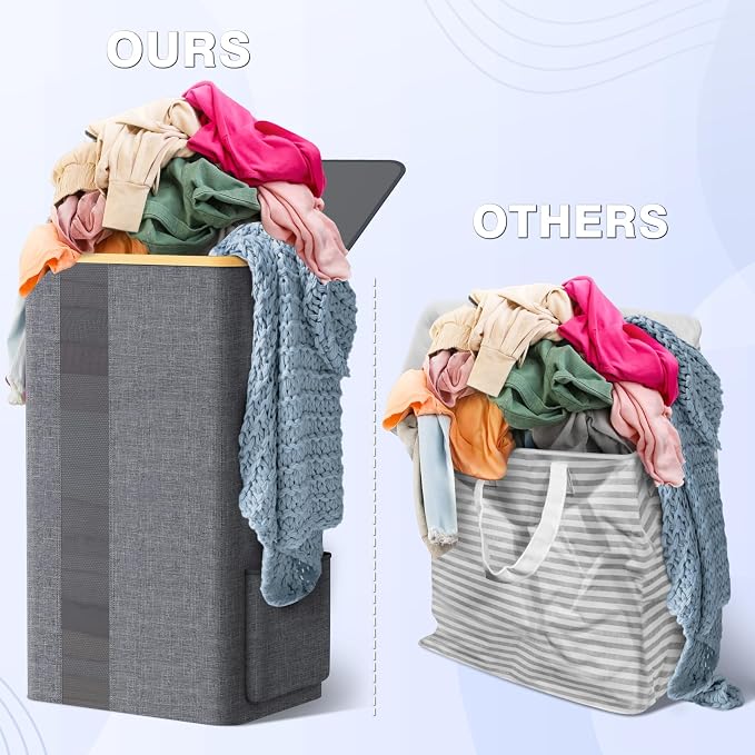 BlissTotes Laundry Basket with Lid, 100L Clothes Laundry Hamper with Handles and Removable Laundry Bag, Breathable Design Hamper with Lid for Bedroom, Bathroom, Dorm, Laundry Room - Light Grey - Image 2