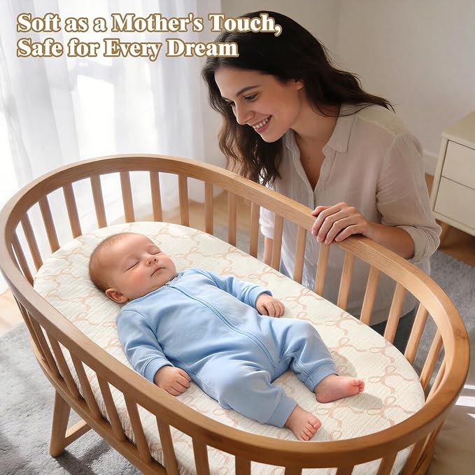 Basumee Muslin Bassinet Sheets for Baby Girl Boy 2 Pack Soft Breathable Baby Bedside Bassinet Fitted Sheets with Bottom Elastic Band Mattress Cover for Rectangle Oval Hourglass Bassinets