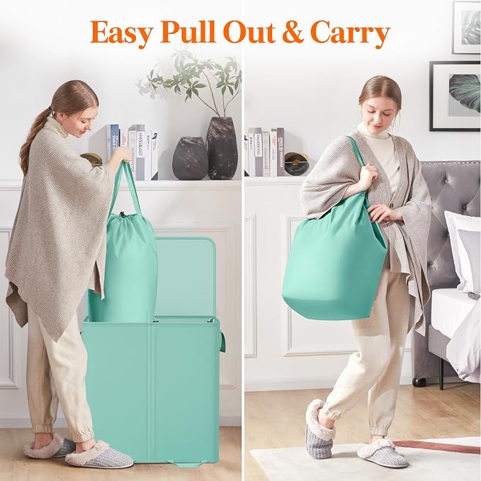 Lifewit Double Laundry Hamper with Lid and Removable Laundry Bags, Large Collapsible 2 Dividers Dirty Clothes Basket with Handles for Bedroom Laundry Room Closet Bathroom College, 136L Sage Green - Image 4