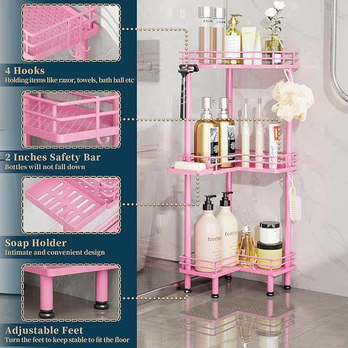 Consumest Corner Shower Caddy Standing - 3-Tier Stainless Steel Shower Organizer with Soap Holder and 4 Hooks, Large Capacity Corner Shelf Stand for Bathroom, Rest Room, Pink - Image 3