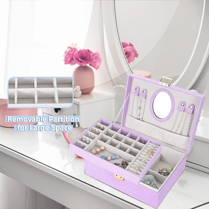 Dajasan Girl's Jewelry Box, Jewelry Organizer Box with Mirror, Velvet Jewelry Box for Little Girls Kids, Jewelry Gift Box for Christmas, Birthday, New Year (Purple) - Image 4