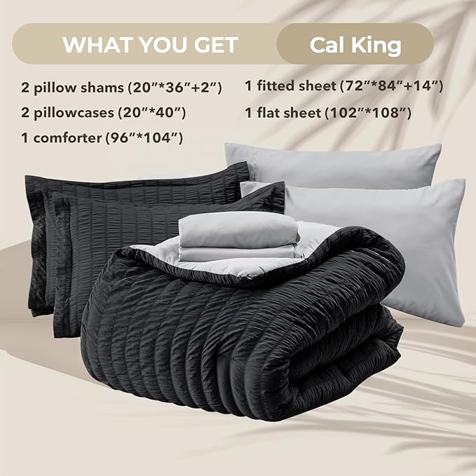 HYMOKEGE Black/Light Grey California King Comforter Set Seersucker 7 Pieces, All Season Luxury Bed in a Bag for Bedroom, Bedding Set with Comforter, Sheets, Pillowcases & Shams